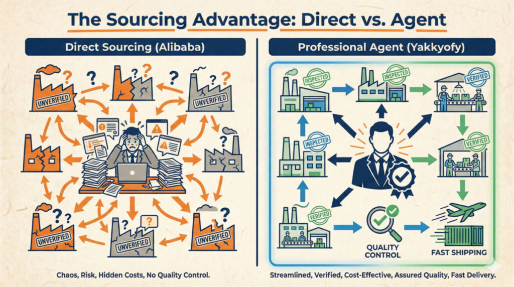 Infographic comparison of direct Alibaba sourcing versus using a professional agent like Yakkyofy
