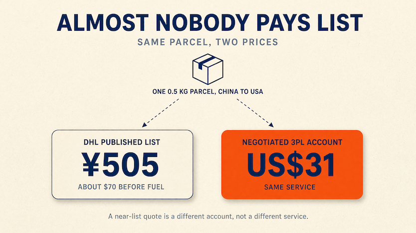 The same 0.5 kg parcel from China to the USA priced at ¥505 on DHL's published list rate and about US$31 through a 3PL's negotiated account.